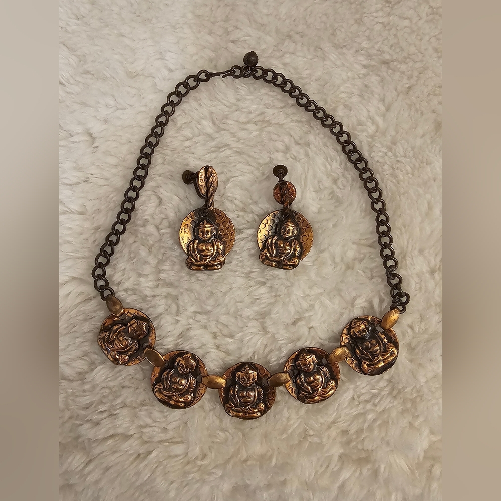 Vintage Copper Necklace and Screw-Back Dangle Earrings with Buddha Disc Pendants